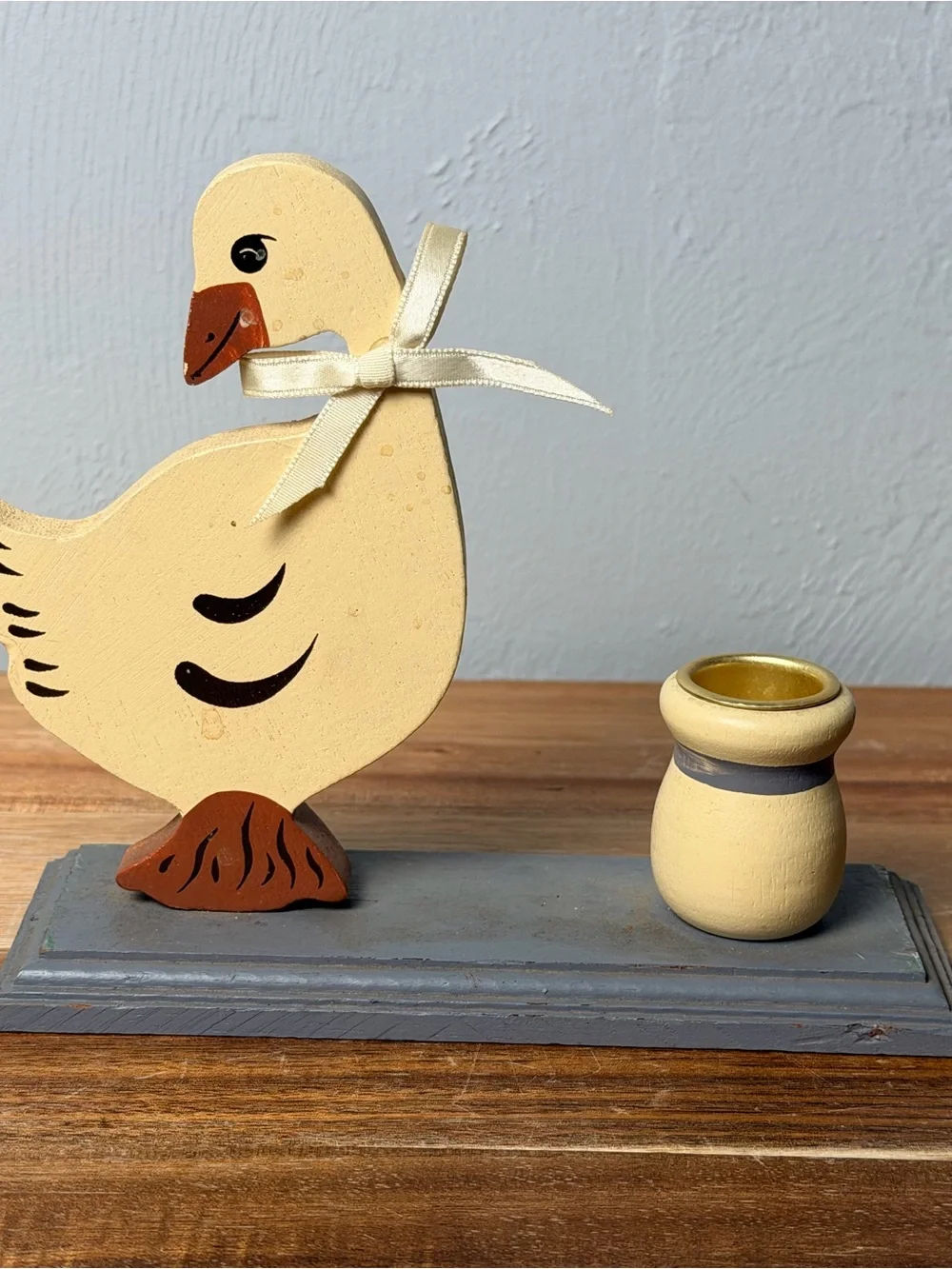 Vintage Wooden Goose Candle Holder, Taiwan Folk Art Goose Decor